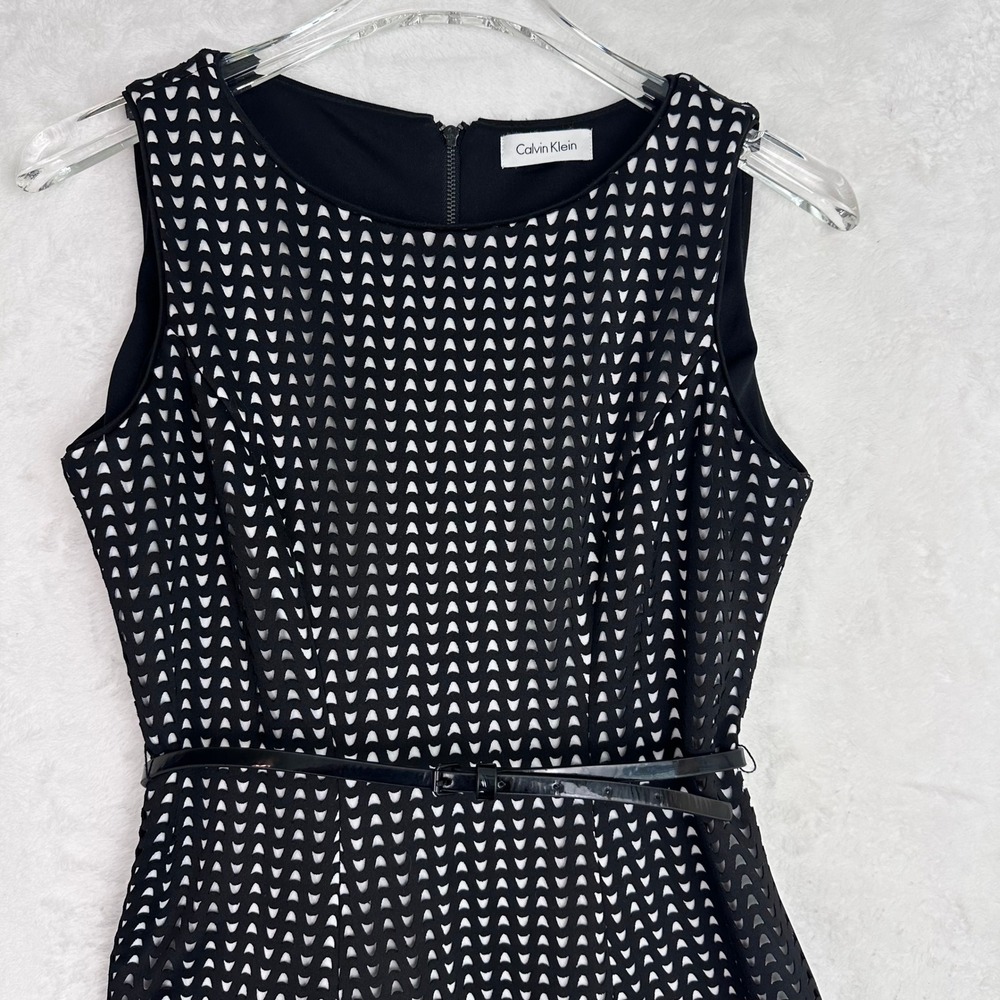 Calvin‎ Klein Black Geometric Print XS Sleeveless Belted Fit Flare Dress Women